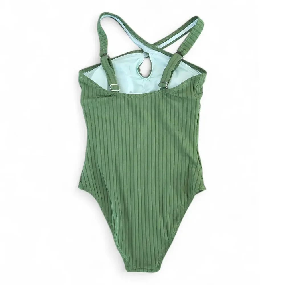 CUPSHE Ribbed Green One Piece Swimsuit Cutout Criss Cross Back Size S NWT